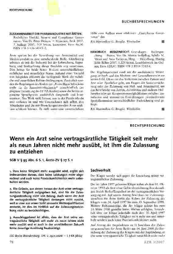Vorschauseite 1: Wenn ein Arzt seine vertragsärztliche Tätigkeit seit mehr als neun Jahren nicht mehr ausübt, ist ihm die Zulassung zu entziehen