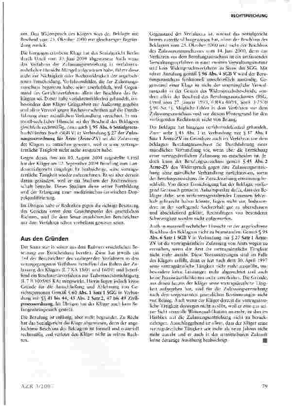 Vorschauseite 2: Wenn ein Arzt seine vertragsärztliche Tätigkeit seit mehr als neun Jahren nicht mehr ausübt, ist ihm die Zulassung zu entziehen