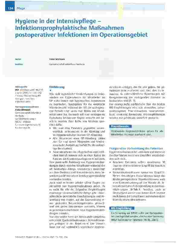 Vorschauseite 1: Hygiene in der Intensivpflege -Infektionsprophylaktische Maßnahmen postoperativer Infektionen im Operationsgebiet