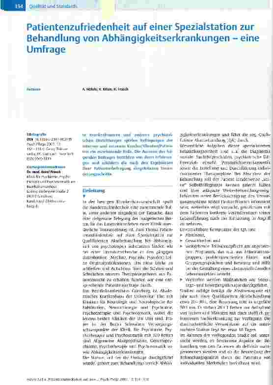 Vorschauseite 1: Patientenzufriedenheit auf einer Spezialstation zur Behandlung von Abhängigkeitserkrankungen - eine Umfrage