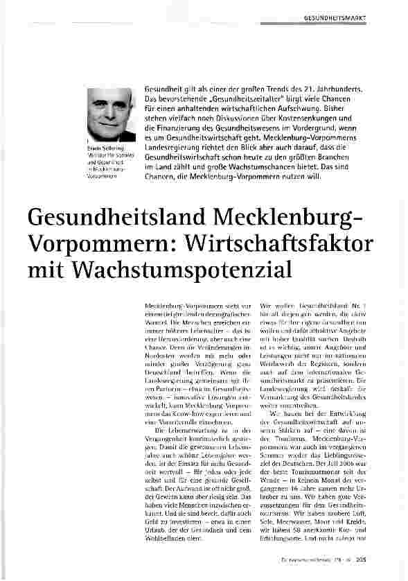 Vorschauseite 1: Gesundheitsland Mecklenburg-Vorpommern: Wirtschafts faktor mit Wachstumspotenzial