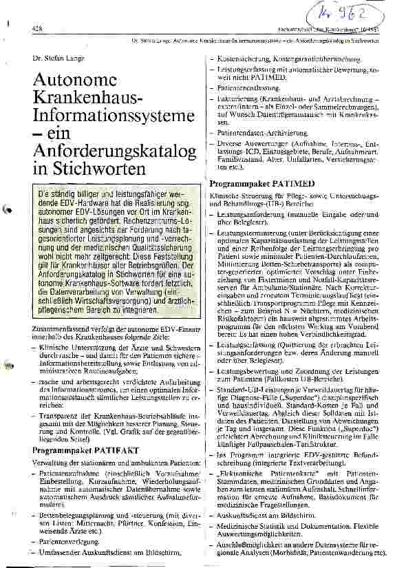 Vorschauseite 1: Autonome Krankenhaus-Informationssysteme - ein Anforderungskatalog in Stichworten.