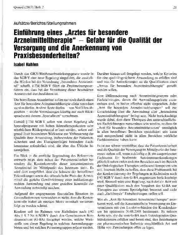 Vorschauseite 1: Einführung eines „Arztes für besondere Arzneimitteltherapie - Gefahr für die Qualität der Versorgung und die Anerkennung von Praxisbesonderheiten?