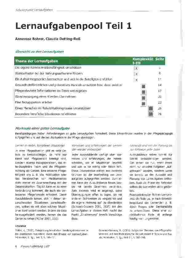 Vorschauseite 1: Lernaufgabenpool- Berufspädagogen haben Anforderungen an gute Lernaufgaben formuliert. Diese Erkenntnisse wurden in der Pflegepädagogik aufgegriffen und auf die Berufssituation in…