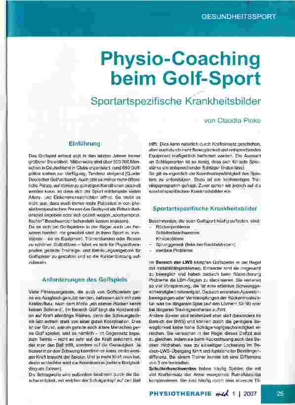 Vorschauseite 1: Physio-Coaching beim Golf-Sport Sportartspezifische Krankheitsbilder