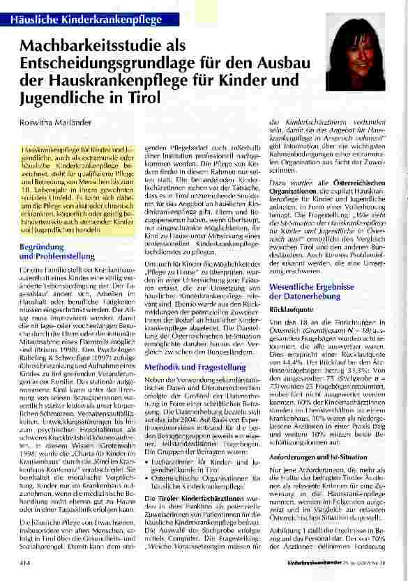 Vorschauseite 1: Machbarkeitsstudie als Entscheidungsgrundlage für den Ausbau der Hauskrankenpflege für Kinder und Jugendliche in Tirol