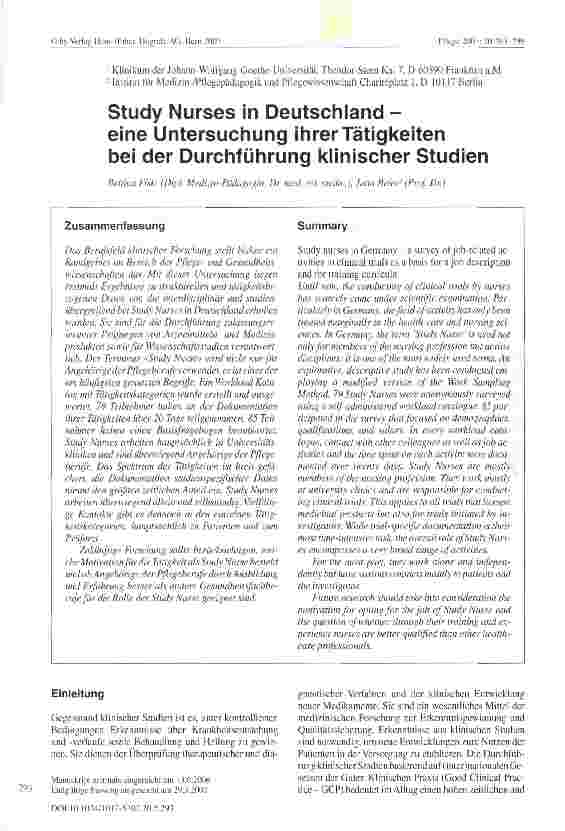 Vorschauseite 1: Study Nurses in Deutschland -eine Untersuchung ihrer Tätigkeiten bei der Durchführung klinischer Studien