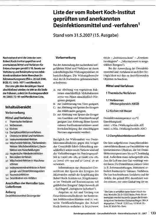 Vorschauseite 1: Liste der vom Robert Koch-Institut geprüften und anerkannten Desinfektionsmittel und -verfahren