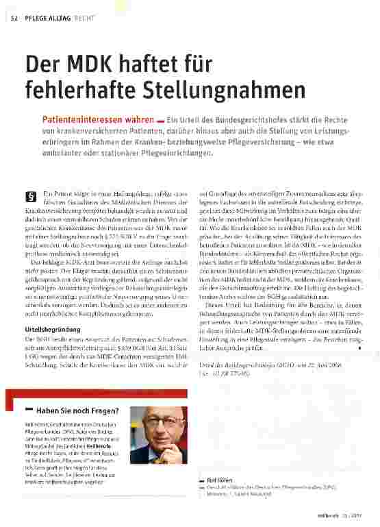 Vorschauseite 1: Der MDK haftet für fehlerhafte Stellungnahmen
