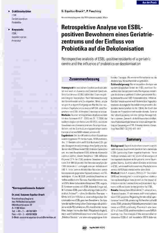 Vorschauseite 1: Retrospektive Analyse von ESBL-positiven Bewohnern eines Geriatrie Zentrums und der Einfluss von Probiotika auf die Dekolonisation