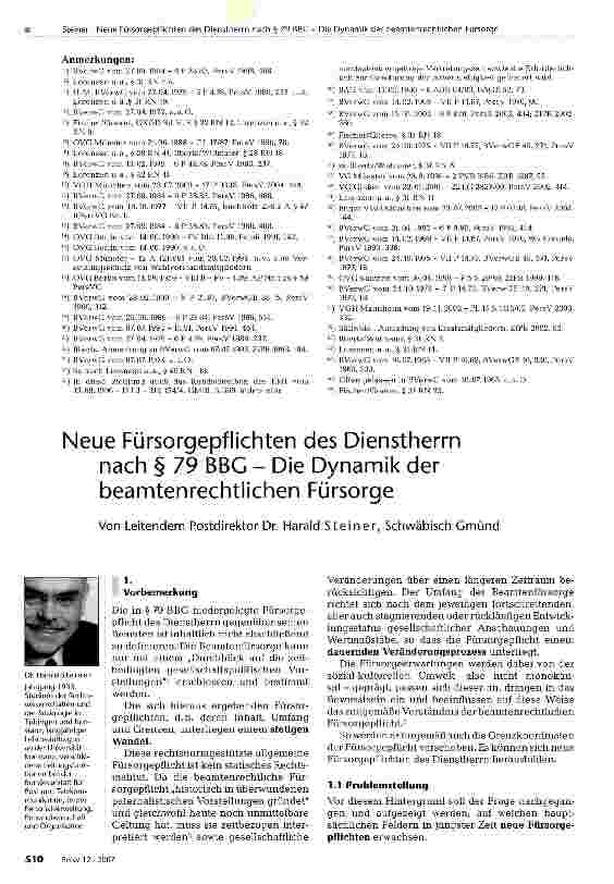 Vorschauseite 1: Neue Fürsorgepflichten des Dienstherrn nach § 79 BBG - Die Dynamik der beamtenrechtlichen Fürsorge