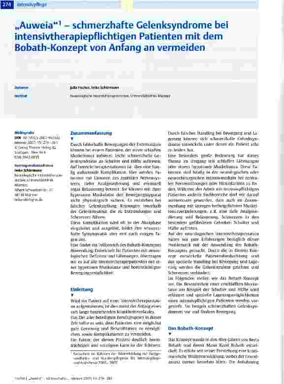 Vorschauseite 1: Auweia - schmerzhafte Gelenksyndrome bei intensivtherapiepflichtigen Patienten mit dem Bobath-Konzept von Anfang an vermeiden