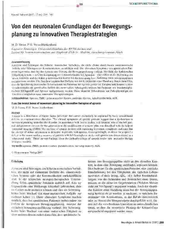 Vorschauseite 1: Von den neuronalen Grundlagen der Bewegungsplanung zu innovativen Therapiestrategien