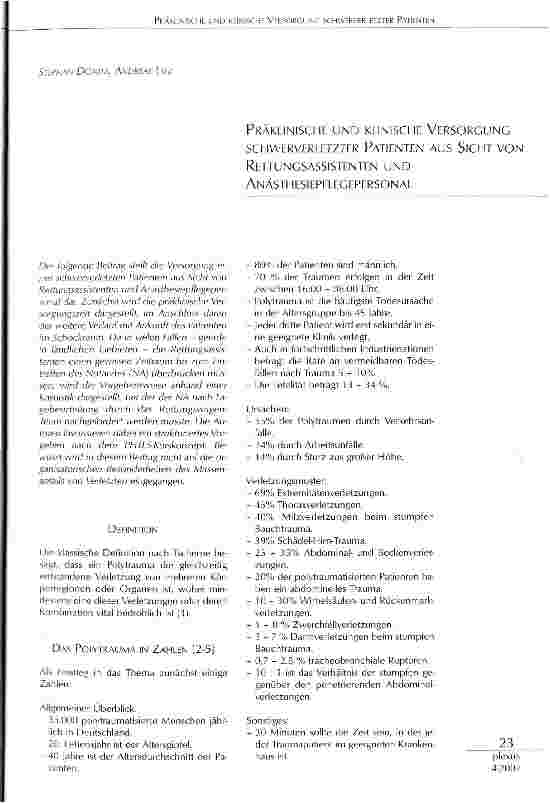Vorschauseite 1: Präklinische und klinische Versorgung schwerverletzter Patienten aus sicht von Rettungsassistenten und Anästhesiepflegepersonal