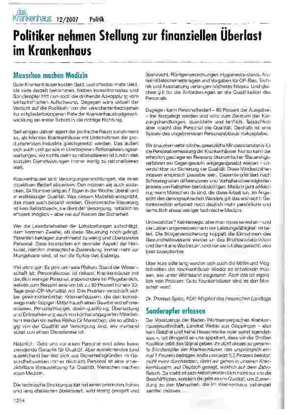 Vorschauseite 1: Politiker nehmen Stellung zur finanziellen Überlast im Krankenhaus