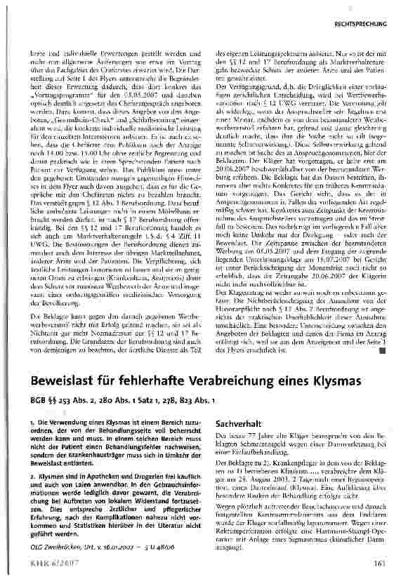 Vorschauseite 1: Beweislast für fehlerhafte Verabreichung eines Klysmas