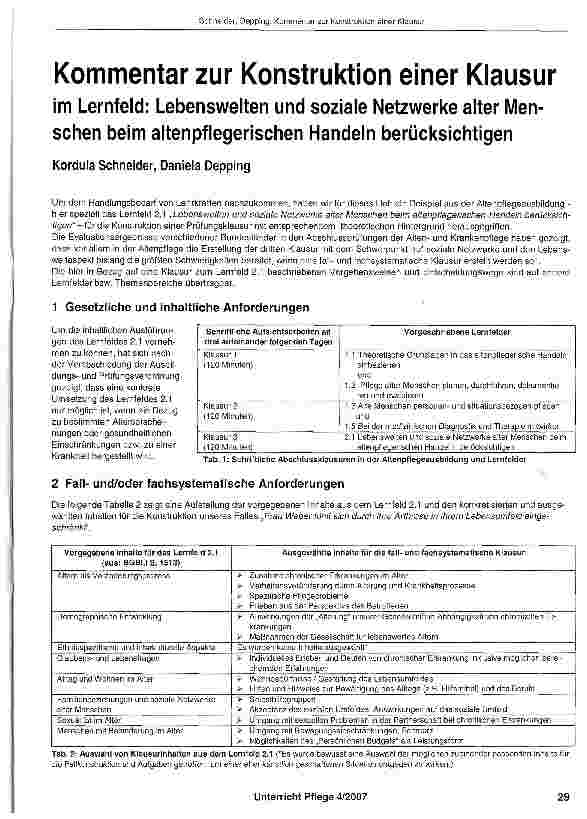 Vorschauseite 1: Kommentar zur Konstruktion einer Klausur im Lernfeld: Lebenswelten und soziale Netzwerke alter Menschen beim altenpflegerischen Handeln berücksichtigen