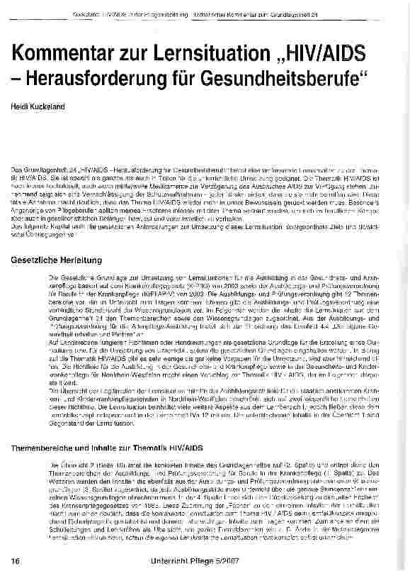 Vorschauseite 1: Kommentar zur Lernsituation „HIV/AIDS - Herausforderung für Gesundheitsberufe