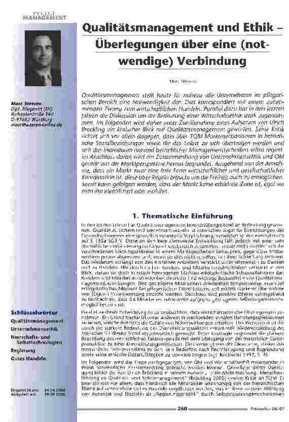 Vorschauseite 1: Qualitätsmanagement und Ethik -Überlegungen über eine (notwendige) Verbindung