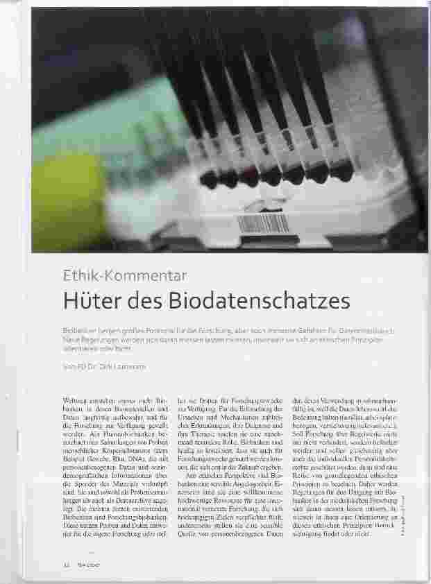 Vorschauseite 1: Ethik-Kommentar Hüter des Biodatenschatzes