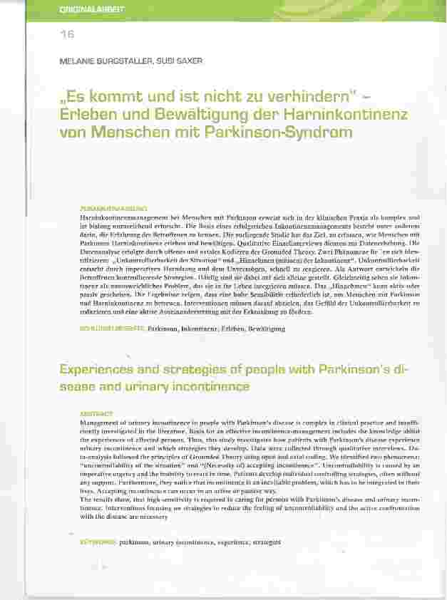 Vorschauseite 1: „Es kommt und ist nicht zu verhindern“ Erleben und Bewältigung der Harninkontinenzvon Menschen mit Parkinson-Syndrom