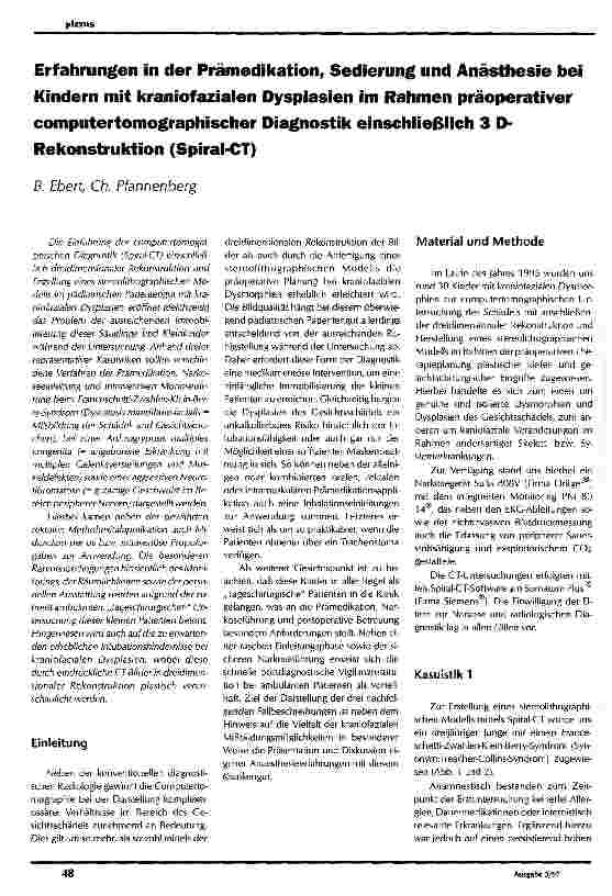 Vorschauseite 1: Erfahrungen in der Prämedikation, Sedierung und Anästhesie bei Kindern mit kraniofazialen Dysplasien im Rahmen präoperativer computertomographischer Diagnostik einschließlich 3 D-…