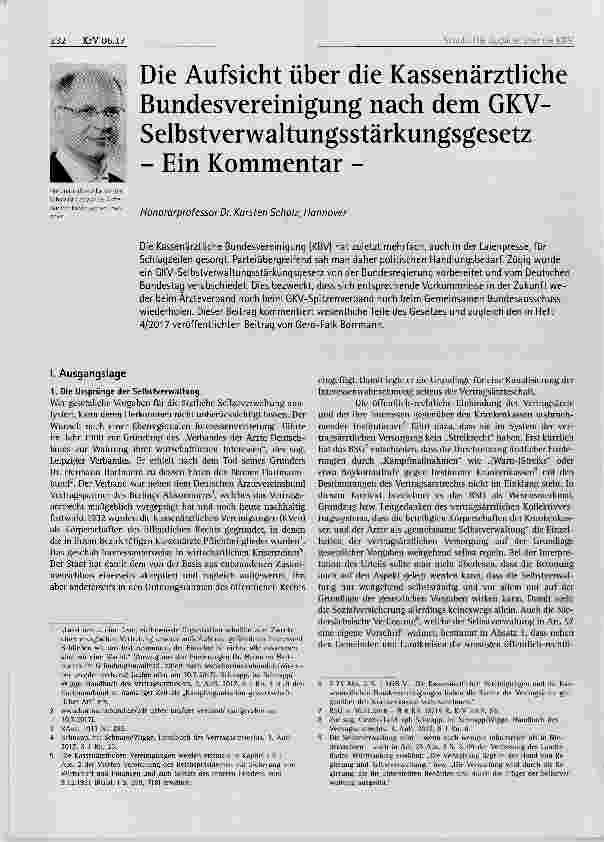 Vorschauseite 1: Die Aufsicht über die Kassenärztliche Bundesvereinigung nach dem GKV- Selbstverwaltungsstärkungsgesetz Ein Kommentar