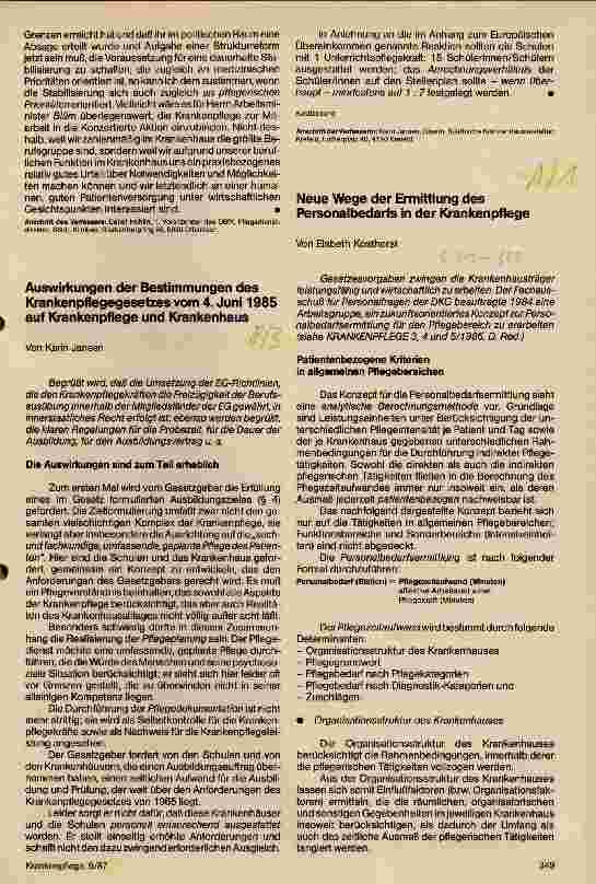 Vorschauseite 1: Auswirkungen der Bestimmungen des Krankenpflegegesetzes vom 4. Juni 1985 auf Krankenpflege und Krankenhaus