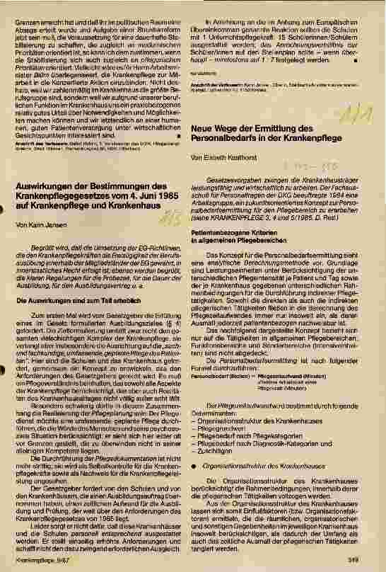 Vorschauseite 2: Auswirkungen der Bestimmungen des Krankenpflegegesetzes vom 4. Juni 1985 auf Krankenpflege und Krankenhaus