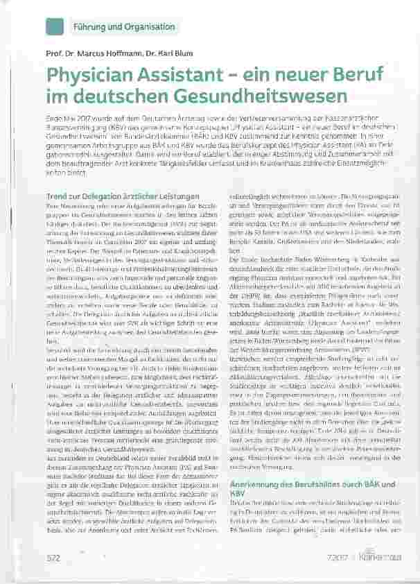Vorschauseite 1: Physician Assistant ein neuer Beruf im deutschen Gesundheitswesen