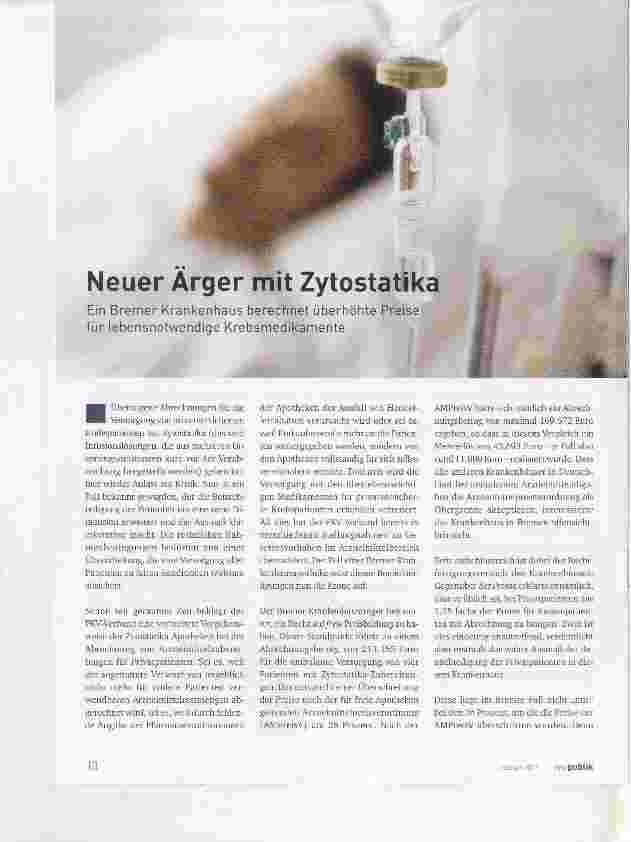 Vorschauseite 1: Neuer Ärger mit Zytostatika Ein Brenner Krankenhaus berechnet überhöhte Preise für Lebensnotwendige Krebsmedikamente