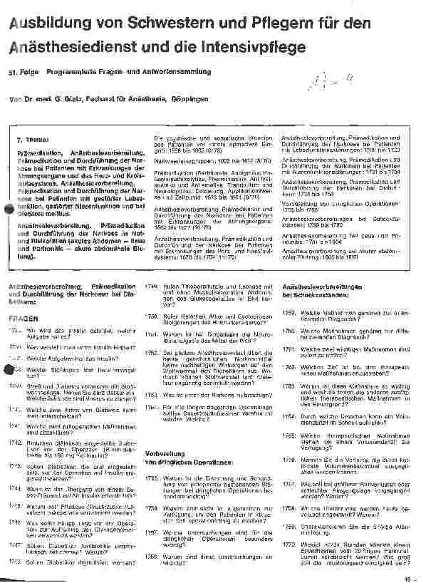 Vorschauseite 1: Ausbildung von Schwestern und Pflegern für den Anästhesiedienst und die Intensivpflege// 51.Folge: Programmierte Fragen-u.Antwortsammlung