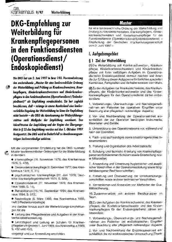 Vorschauseite 1: DKG-Empfehlung zur Weiterbildung für Krankenpflegepersonen in den Funktionsdiensten (Operationsdienst/Endoskopiedienst)