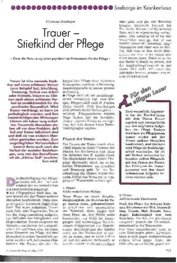 Vorschauseite 1: Trauer - Stiefkind der Pflege Über die Bedeutung eines psychischen Phänomens für die Pflege