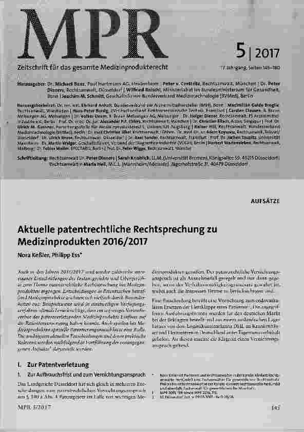Vorschauseite 1: Aktuelle patentrechtliche Rechtsprechung zu Medizinprodukten 2016/2017