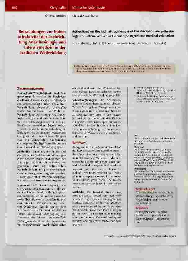 Vorschauseite 1: Betrachtungen zur hohen Attraktivität der Fachrichtung Anästhesiologie und Intensivmedizin in der ärztlichen Weiterbildung