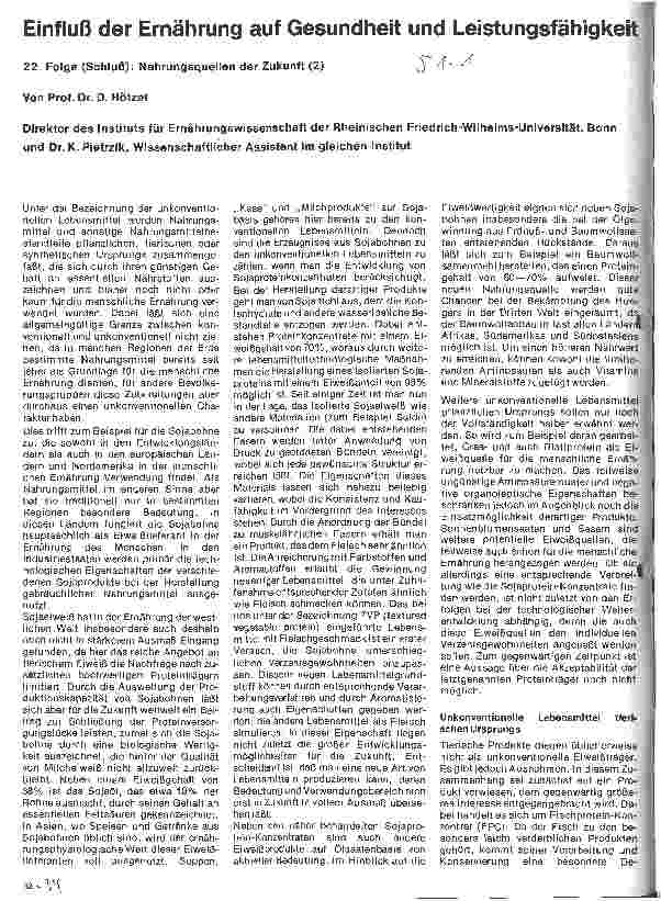 Vorschauseite 1: Einfluß der Ernährung auf Gesundheit und Leistungsfähigkeit 22. Folge (Schluß): Nahrungsquellen der Zukunft (2)