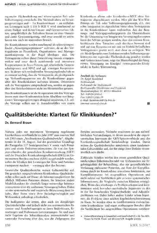 Vorschauseite 1: Oualitätsberichte: Klartext für Klinikkunden?
