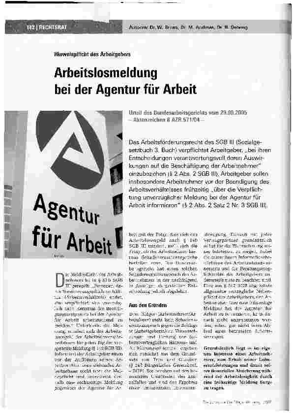 Vorschauseite 1: Arbeitslosmeldung bei der Agentur für Arbeit