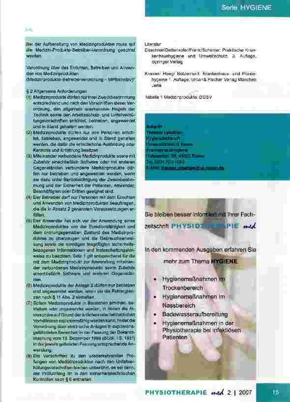 Vorschauseite 5: Hygienemaßnahmen in der PhysiotherapieTeil II: Trockenbereich der PT-Abteilung