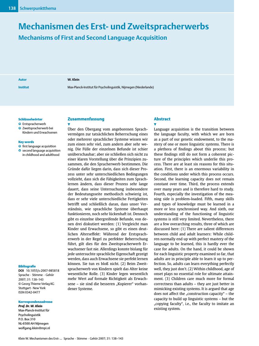 Vorschauseite 1: Mechanismen des Erstund Zweitspracherwerbs