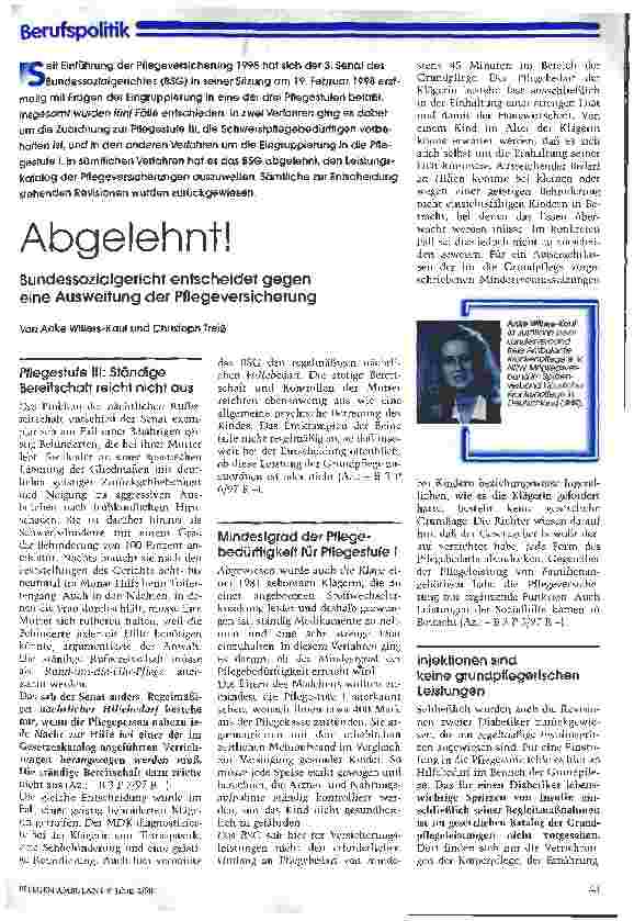 Vorschauseite 1: Abgelehnt! Bundesssozialgericht entscheidet gegen eine Ausweitung der Pflegeversicherung