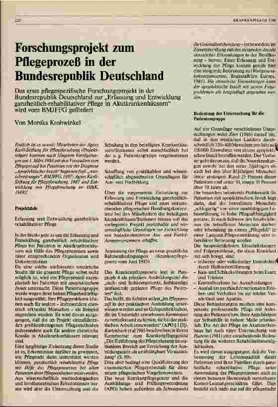 Vorschauseite 1: Forschungsprojekt zum Pflegeprozeß in der Bundesrebublik Deutschland Erfassung und Entwicklung ganzheitlich-rehabilitativer Pflege