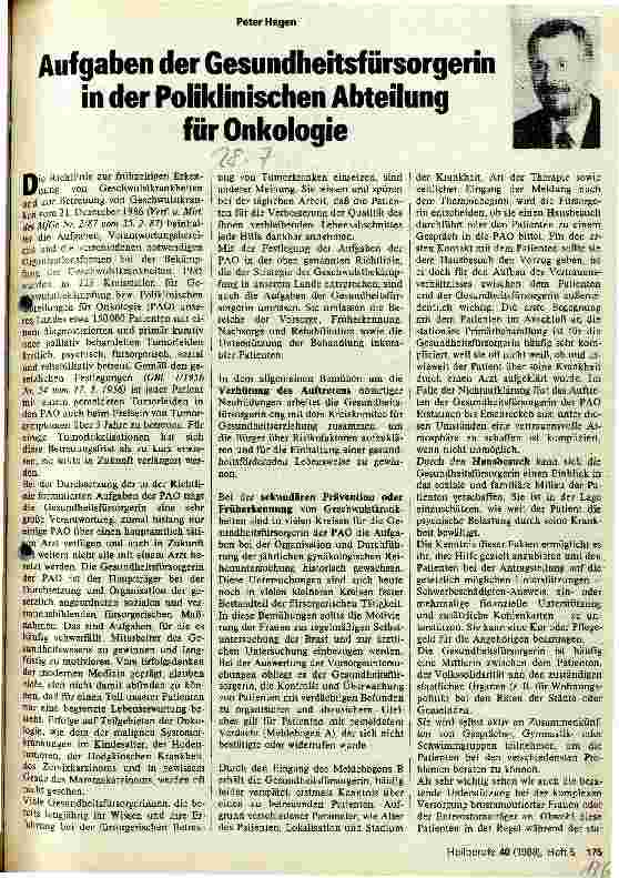 Vorschauseite 1: Aufgaben der Gesundheitsfürsorgerin in der Poliklinischen Abteilung für Onkologie