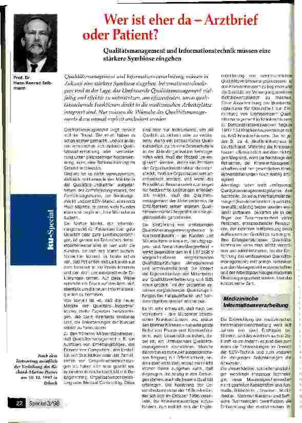 Vorschauseite 1: Wer ist eher da Arztbrief oder Patient? Qualitätsmanagement und Informationstechnik müssen eine stärkere Symbiose eingehen