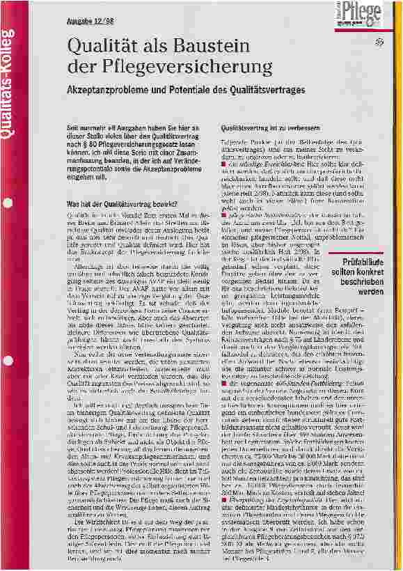 Vorschauseite 1: Qualität als Baustein der Pflegeversicherung Akzeptanzprobleme und Potentiale des Qualitätsvertrages