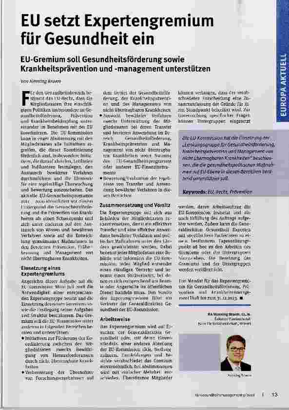 Vorschauseite 1: EU setzt Expertengremium für Gesundheit ein