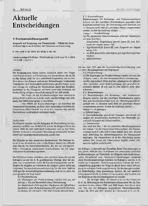 Vorschauseite 1: Anspruch auf Erstattung von Umsatzsteuer Pflicht des Krankenhausträgers zur Korrektur der Umsatzsteuerfestsetzung § 129a SGB V, §§ 398ff, 812 BGB, § 164 AO