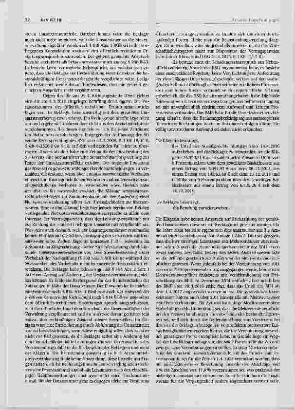 Vorschauseite 3: Anspruch auf Erstattung von Umsatzsteuer Pflicht des Krankenhausträgers zur Korrektur der Umsatzsteuerfestsetzung § 129a SGB V, §§ 398ff, 812 BGB, § 164 AO