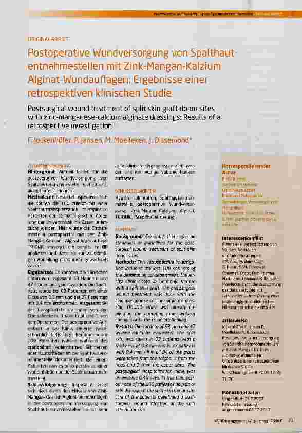 Vorschauseite 1: Postoperative Wundversorgung von Spalthautentnahmestellen mit Zink-Mangan-Kalzium Alginat-Wundauflagen: Ergebnisse einer retrospektiven klinischen Studie